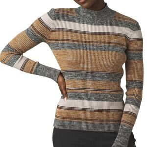 Prana Acadia Sweater Ribbed Stripe‎ Mock Neck L Tan Green Ivory